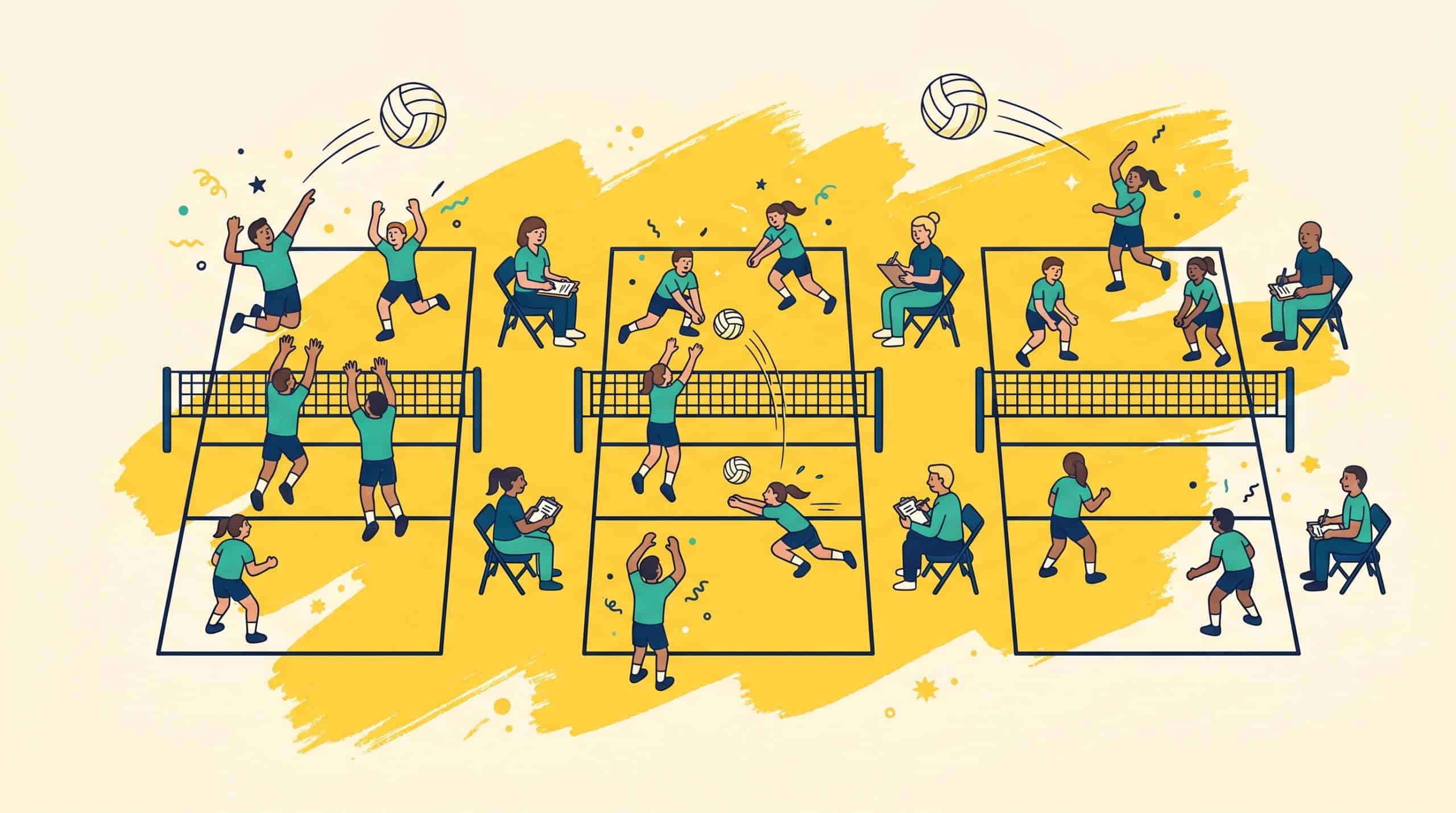 Multiple courts at a volleyball tournament with coaches evaluating.