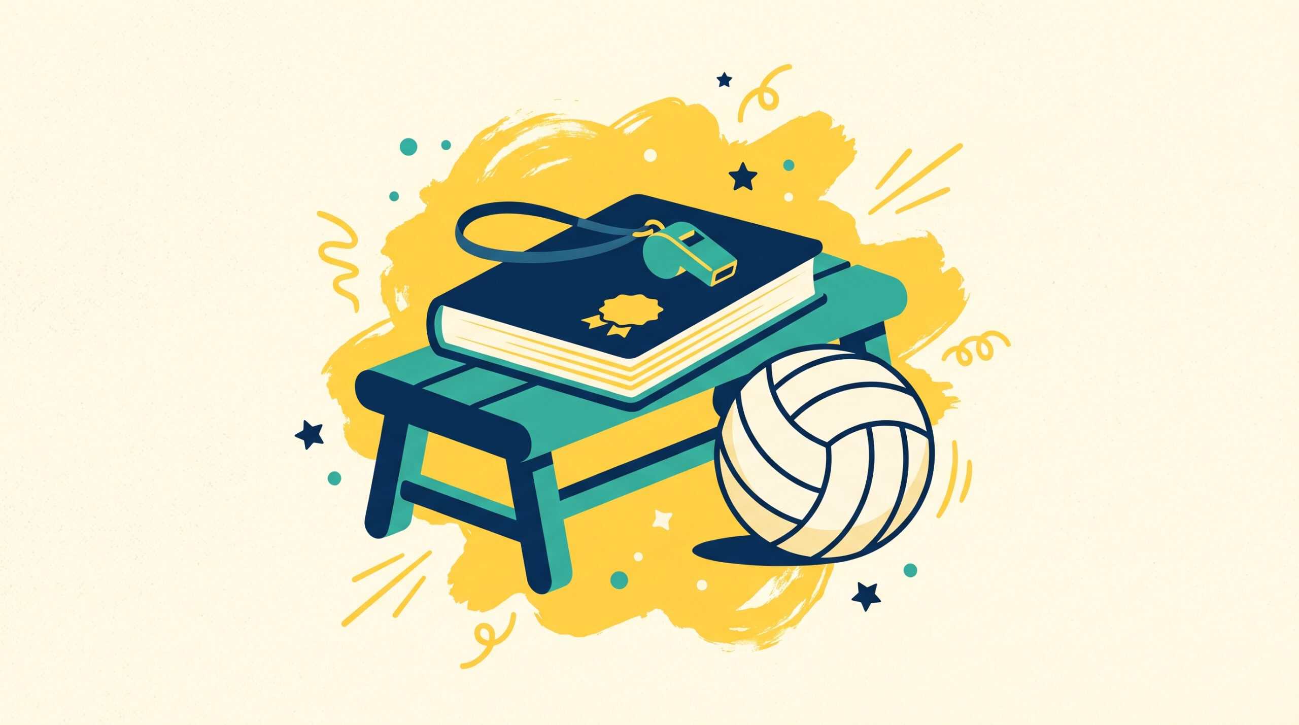 A rulebook, whistle, and volleyball on a bench.